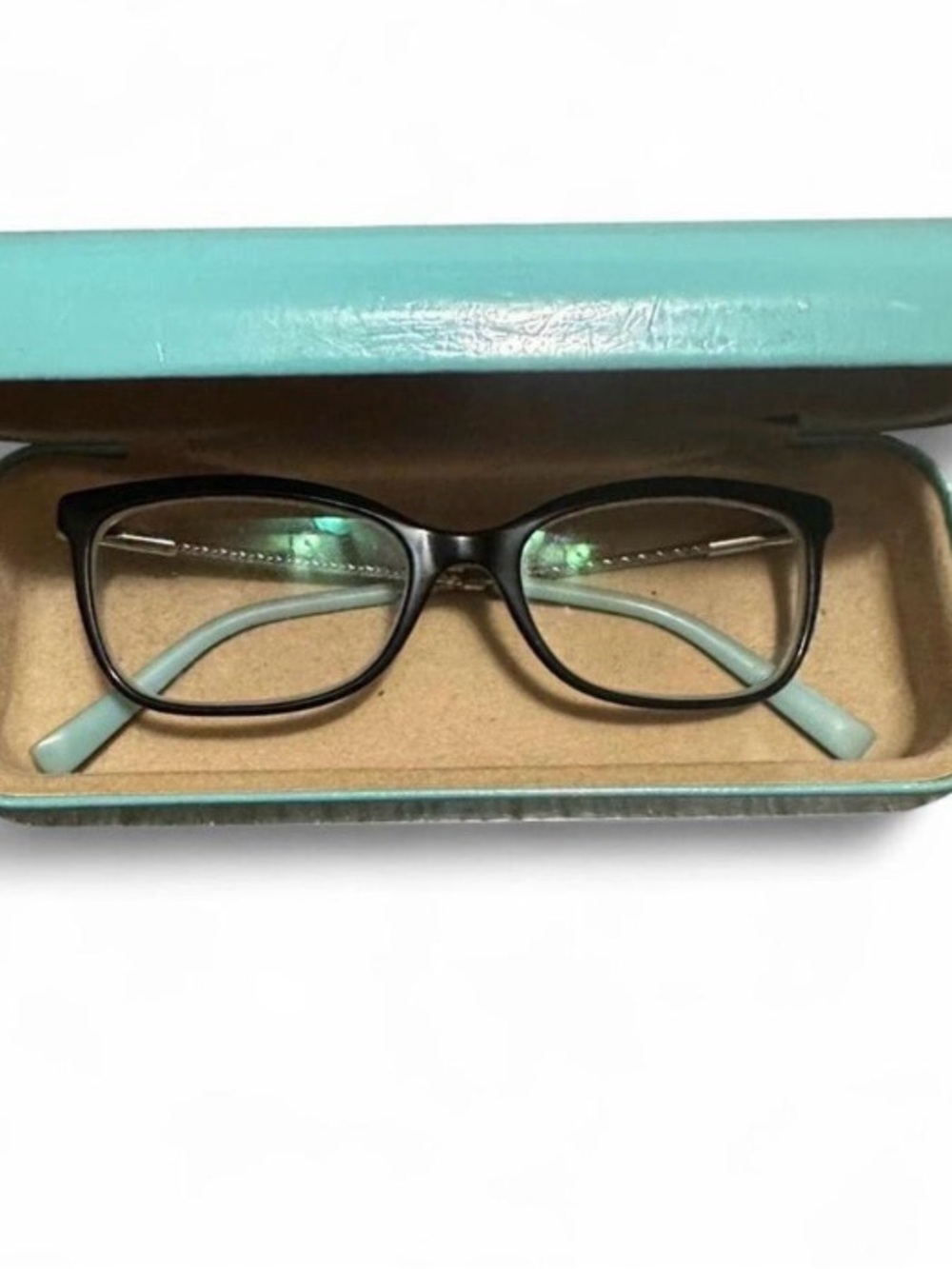 Tiffany’s Women's Black Cat-Eye Glasses with Light Blue Temples, very classy
